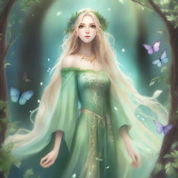 A full-body image of a druid elf princess with long wavy blonde hair and green bluish eyes, embodying the fairycore aesthetic