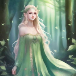 A full-body image of a druid elf princess with long wavy blonde hair and green bluish eyes, embodying the fairycore aesthetic