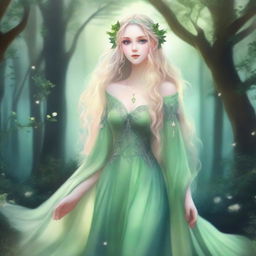 A full-body image of a druid elf princess with long wavy blonde hair and green bluish eyes, embodying the fairycore aesthetic