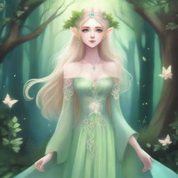 A full-body image of a druid elf princess with long wavy blonde hair and green bluish eyes, embodying the fairycore aesthetic