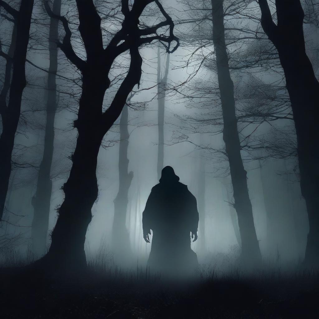 A chilling horror poster featuring a dark, eerie forest with twisted trees and a shadowy figure lurking in the background