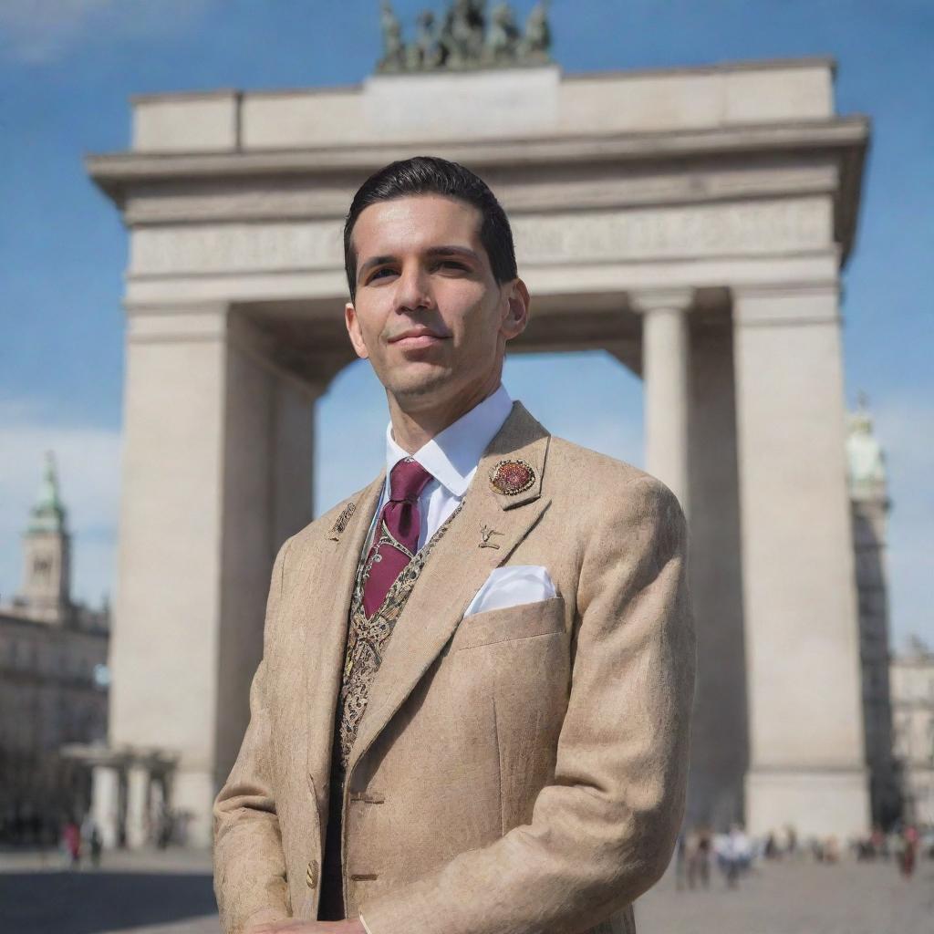 A man named Kevin Garcia, wearing traditional Argentinian attire, standing in front of iconic Argentinian landmarks.