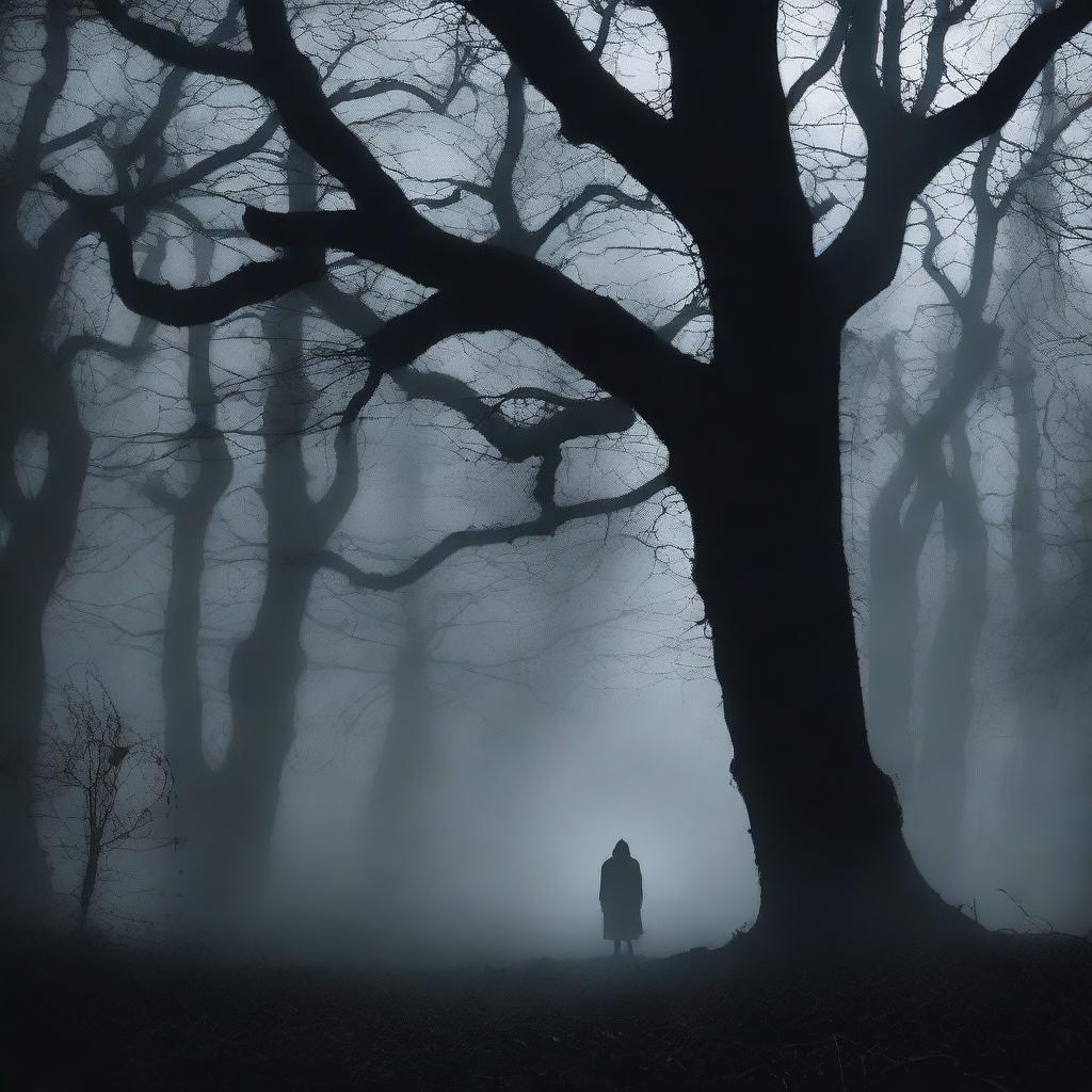 A chilling horror poster featuring a dark, eerie forest with twisted trees and a shadowy figure lurking in the background