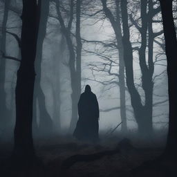 A chilling horror poster featuring a dark, eerie forest with twisted trees and a shadowy figure lurking in the background