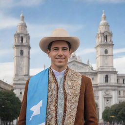 A man named Kevin Garcia, wearing traditional Argentinian attire, standing in front of iconic Argentinian landmarks.