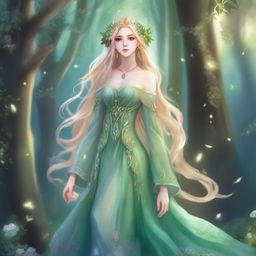 A full-body image of a druid elf princess with long wavy blonde hair and green bluish eyes, embodying the fairycore aesthetic