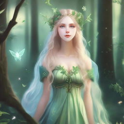 A full-body image of a druid elf princess with long wavy blonde hair and green bluish eyes, embodying the fairycore aesthetic