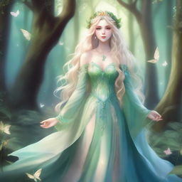 A full-body image of a druid elf princess with long wavy blonde hair and green bluish eyes, embodying the fairycore aesthetic