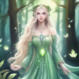 A full-body image of a druid elf princess with long wavy blonde hair and green bluish eyes, embodying the fairycore aesthetic