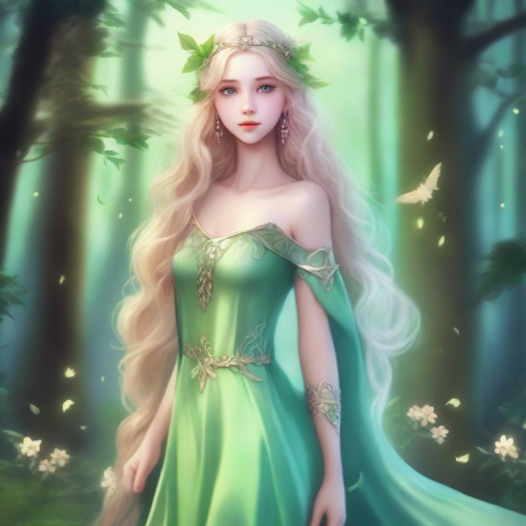 A full-body image of a druid elf princess with long wavy blonde hair and green bluish eyes, embodying the fairycore aesthetic