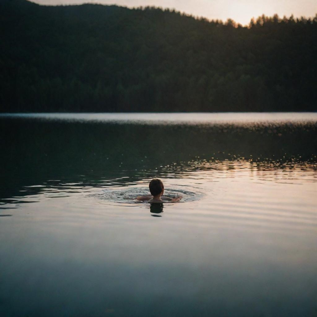 A boy swimming in a luminous, shimmering lake surrounded by tranquility.