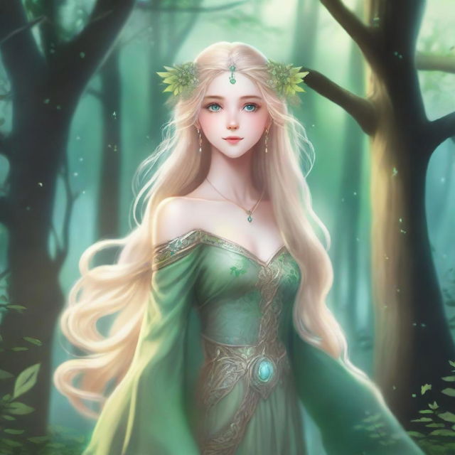 A full-body image of a druid elf princess with long wavy blonde hair and green bluish eyes, embodying the fairycore aesthetic