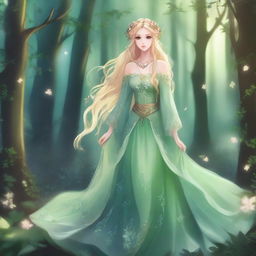 A full-body image of a druid elf princess with long wavy blonde hair and green bluish eyes, embodying the fairycore aesthetic