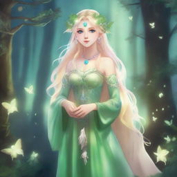 A full-body image of a druid elf princess with long wavy blonde hair and green bluish eyes, embodying the fairycore aesthetic