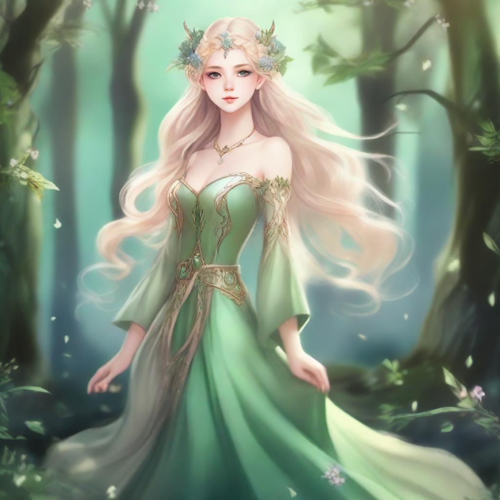 A full-body image of a druid elf princess with long wavy blonde hair and green bluish eyes, embodying the fairycore aesthetic