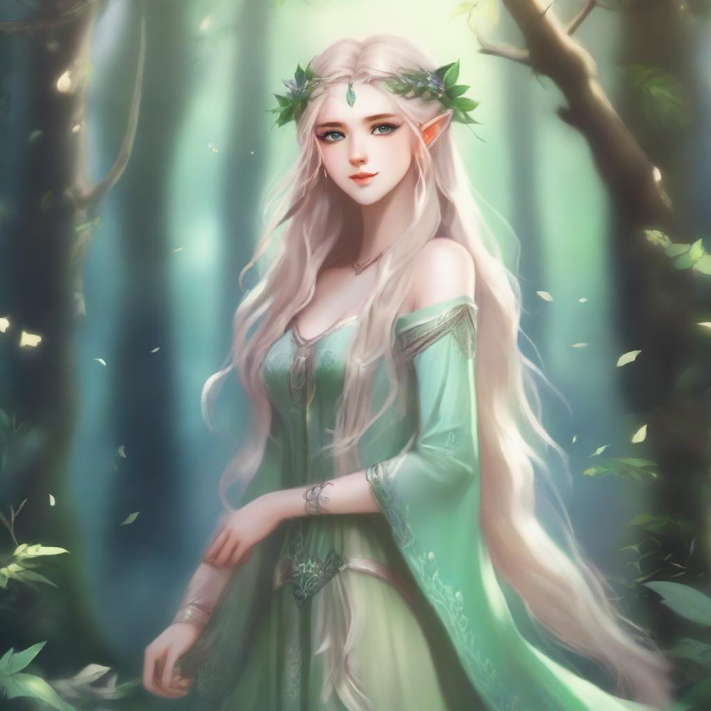 A full-body image of a druid elf princess with long wavy blonde hair and green bluish eyes, embodying the fairycore aesthetic