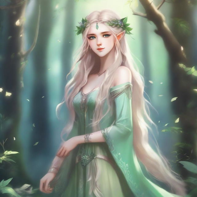 A full-body image of a druid elf princess with long wavy blonde hair and green bluish eyes, embodying the fairycore aesthetic