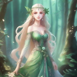 A full-body image of a druid elf princess with long wavy blonde hair and green bluish eyes, embodying the fairycore aesthetic