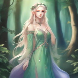 A full-body image of a druid elf princess with long wavy blonde hair and green bluish eyes, embodying the fairycore aesthetic