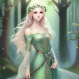 A full-body image of a druid elf princess with long wavy blonde hair and green bluish eyes, embodying the fairycore aesthetic