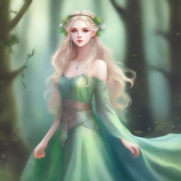 A full-body image of a druid elf princess with long wavy blonde hair and green bluish eyes, embodying the fairycore aesthetic