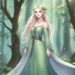 A full-body image of a druid elf princess with long wavy blonde hair and green bluish eyes, embodying the fairycore aesthetic