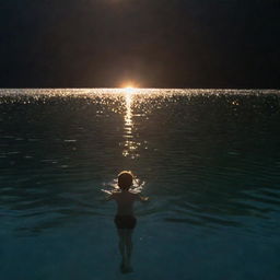 A boy swimming in a luminous, shimmering lake surrounded by tranquility.