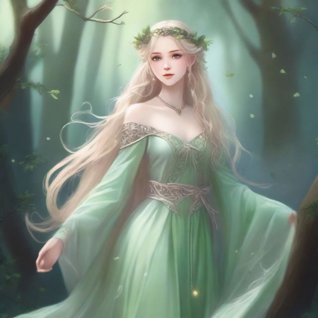 A full-body image of a druid elf princess with long wavy blonde hair and green bluish eyes, embodying the fairycore aesthetic