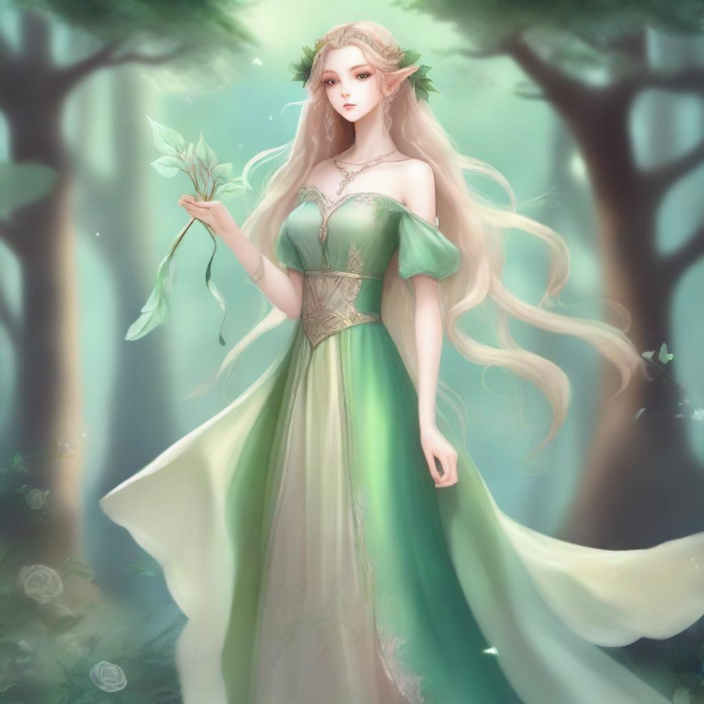 A full-body image of a druid elf princess with long wavy blonde hair and green bluish eyes, embodying the fairycore aesthetic