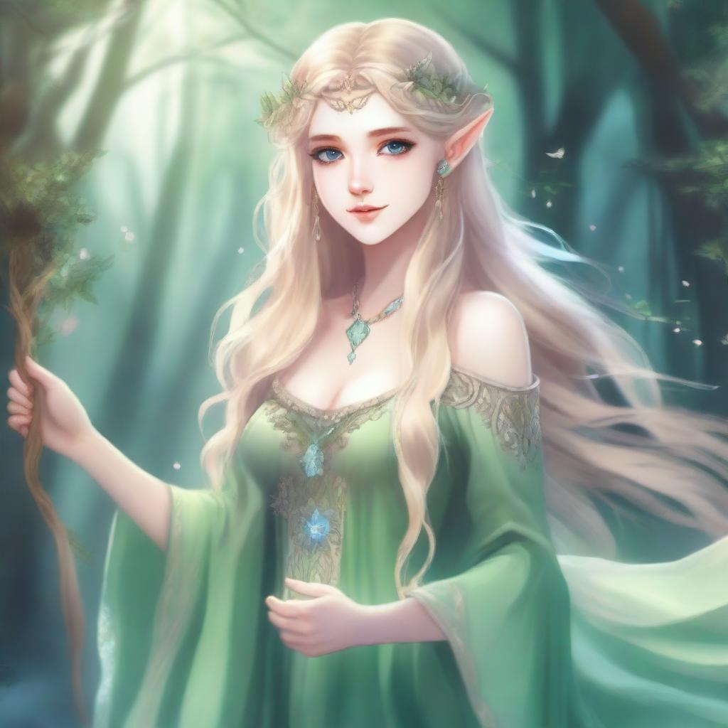 A full-body image of a druid elf princess with long wavy blonde hair and green bluish eyes, embodying the fairycore aesthetic