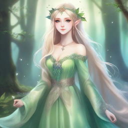 A full-body image of a druid elf princess with long wavy blonde hair and green bluish eyes, embodying the fairycore aesthetic