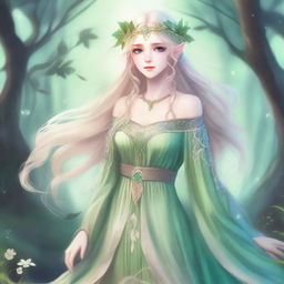 A full-body image of a druid elf princess with long wavy blonde hair and green bluish eyes, embodying the fairycore aesthetic