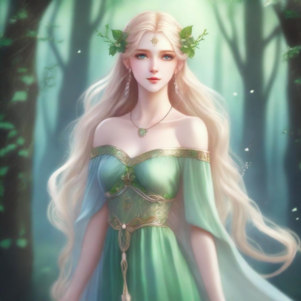 A full-body image of a druid elf princess with long wavy blonde hair and green bluish eyes, embodying the fairycore aesthetic