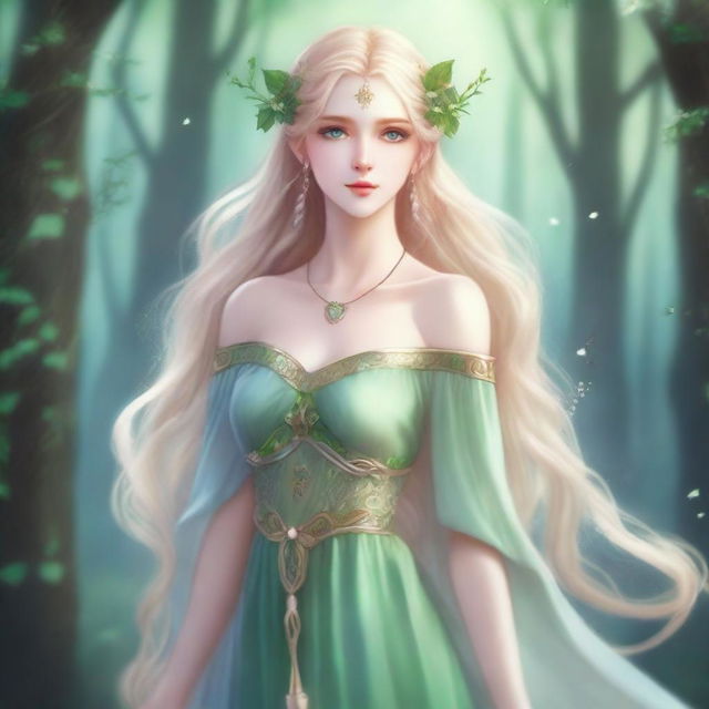 A full-body image of a druid elf princess with long wavy blonde hair and green bluish eyes, embodying the fairycore aesthetic