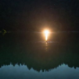 A boy swimming in a luminous, shimmering lake surrounded by tranquility.