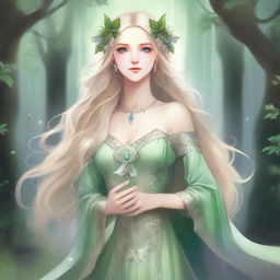 A full-body image of a druid elf princess with long wavy blonde hair and green bluish eyes, embodying the fairycore aesthetic