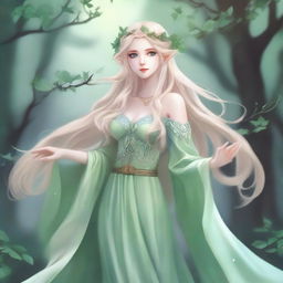 A full-body image of a druid elf princess with long wavy blonde hair and green bluish eyes, embodying the fairycore aesthetic