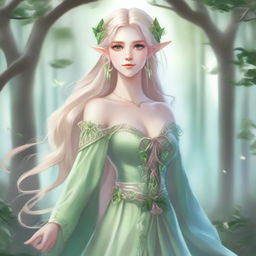 A full-body image of a druid elf princess with long wavy blonde hair and green bluish eyes, embodying the fairycore aesthetic