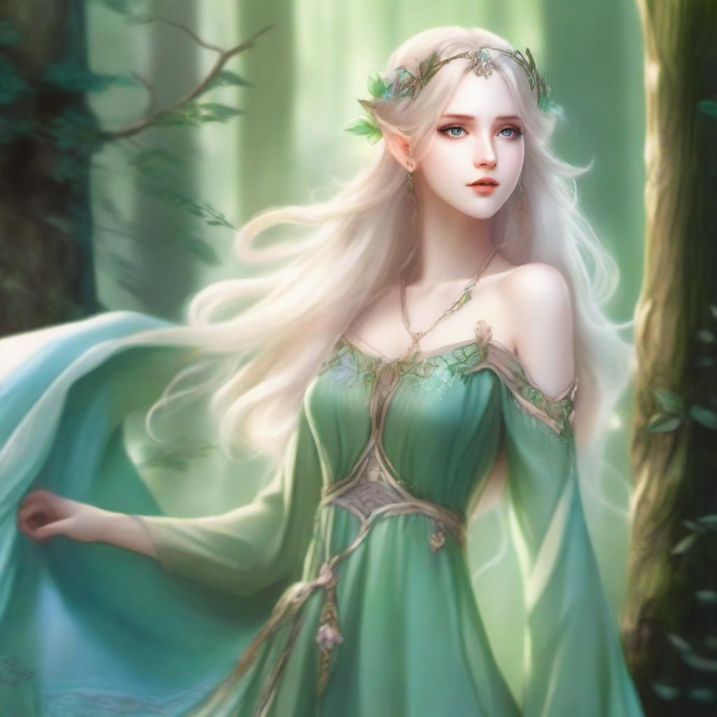 A full-body image of a druid elf princess with a very beautiful face, long wavy blonde hair, and green bluish eyes, embodying the fairycore aesthetic