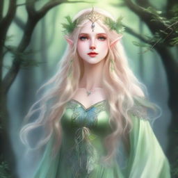 A full-body image of a druid elf princess with a very beautiful face, long wavy blonde hair, and green bluish eyes, embodying the fairycore aesthetic