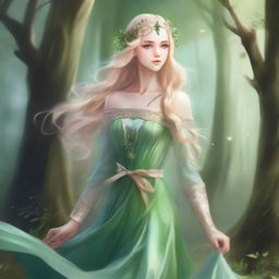 A full-body image of a druid elf princess with a very beautiful face, long wavy blonde hair, and green bluish eyes, embodying the fairycore aesthetic