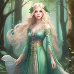 A full-body image of a druid elf princess with a very beautiful face, long wavy blonde hair, and green bluish eyes, embodying the fairycore aesthetic