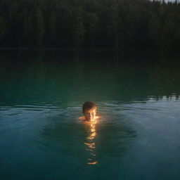 A boy swimming in a luminous, shimmering lake surrounded by tranquility.