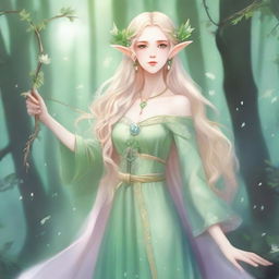 A full-body image of a druid elf princess with long wavy blonde hair and green bluish eyes, embodying the fairycore aesthetic