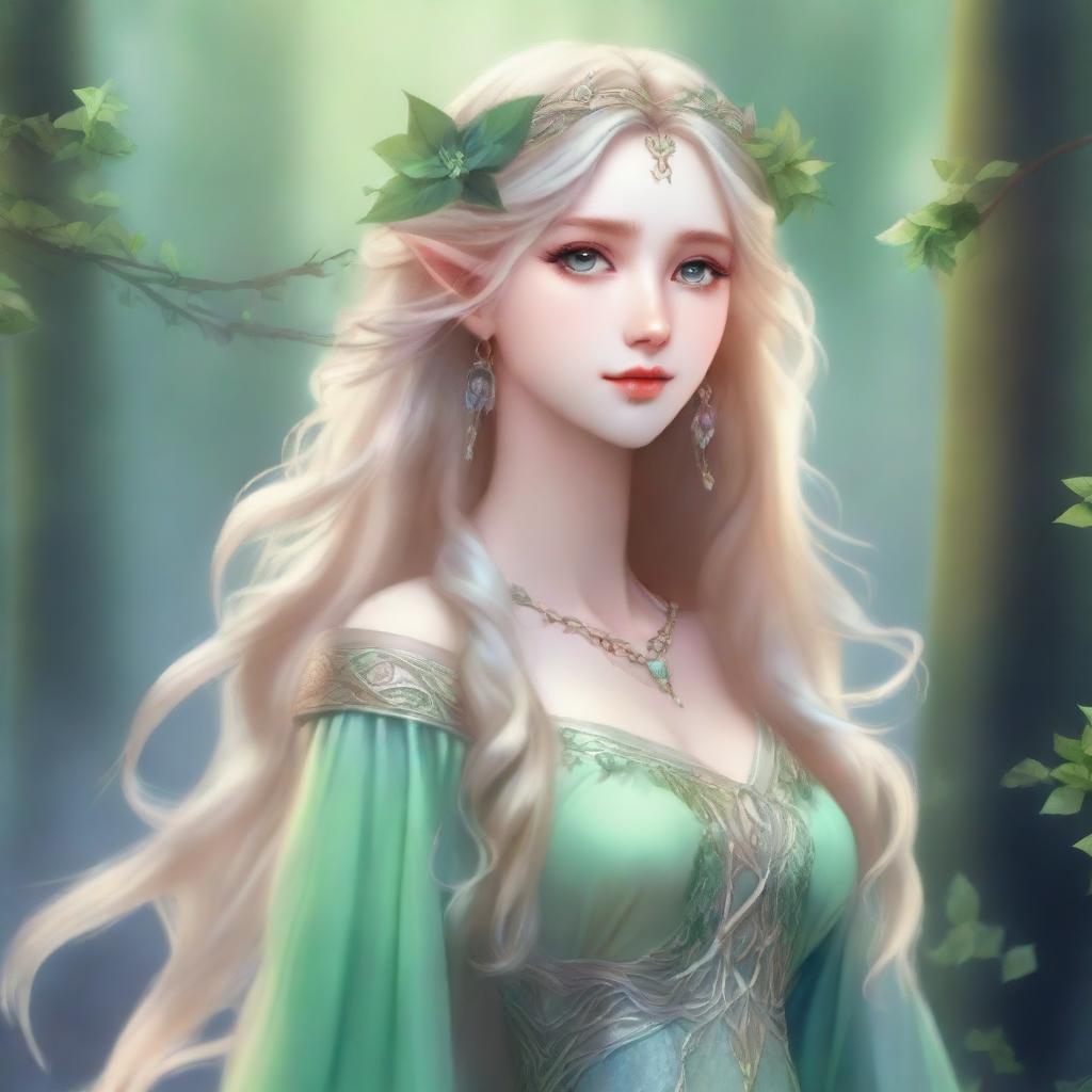 A full-body image of a druid elf princess with long wavy blonde hair and green bluish eyes, embodying the fairycore aesthetic