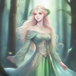 A full-body image of a druid elf princess with long wavy blonde hair and green bluish eyes, embodying the fairycore aesthetic