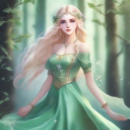 A full-body image of a druid elf princess with long wavy blonde hair and green bluish eyes, embodying the fairycore aesthetic