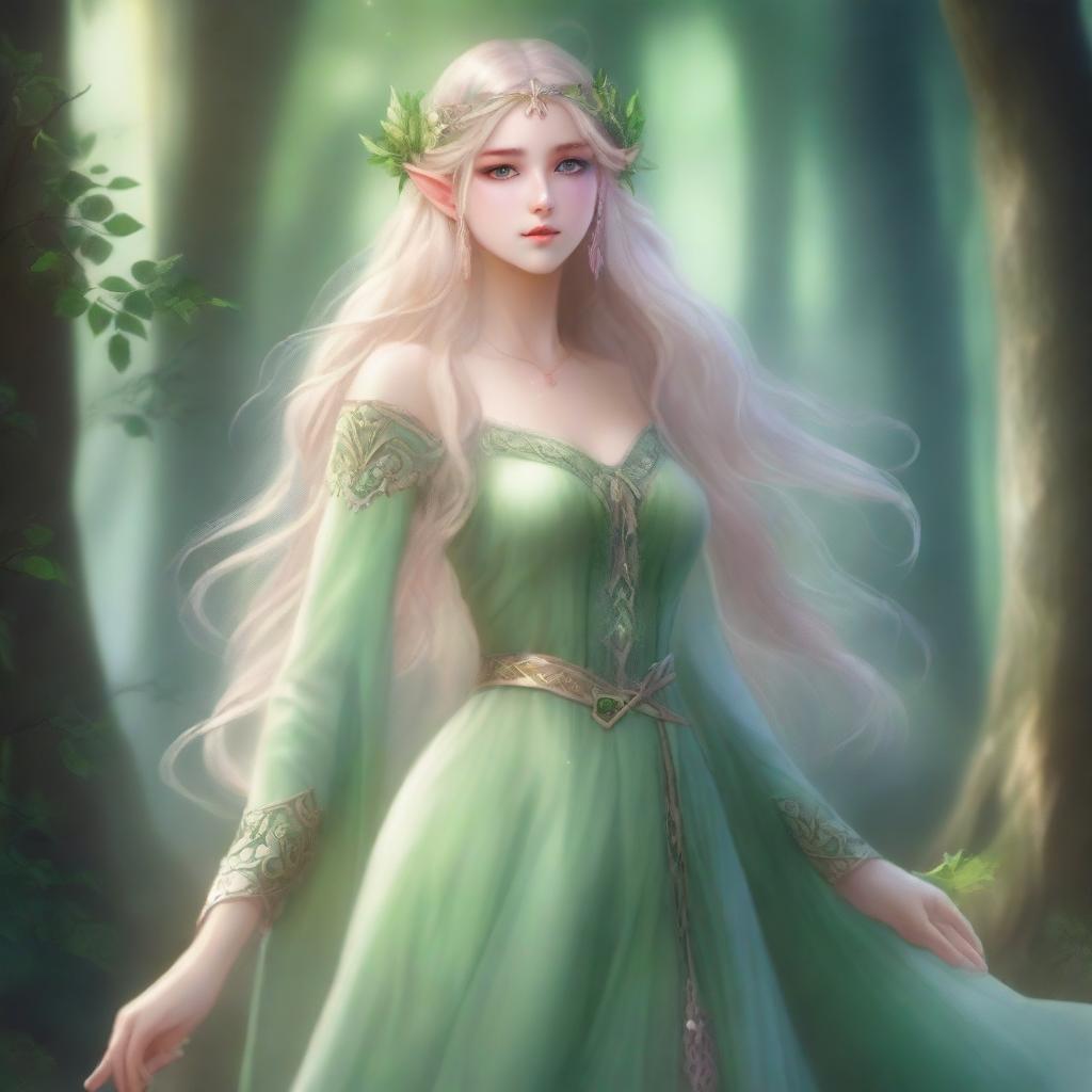 A full-body image of a druid elf princess with long wavy blonde hair and green eyes, embodying the fairycore aesthetic