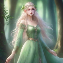 A full-body image of a druid elf princess with long wavy blonde hair and green eyes, embodying the fairycore aesthetic