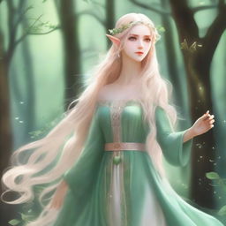 A full-body image of a druid elf princess with long wavy blonde hair and green eyes, embodying the fairycore aesthetic